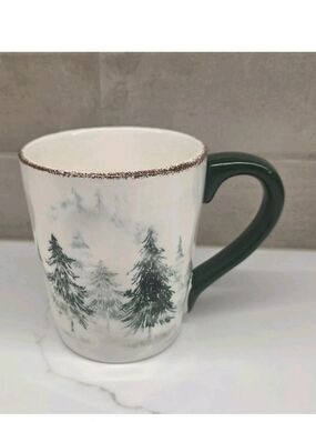 Sleigh Bell Ceramic Coffee Mug Pine Trees Winter Dimpled Snow Curved Handle